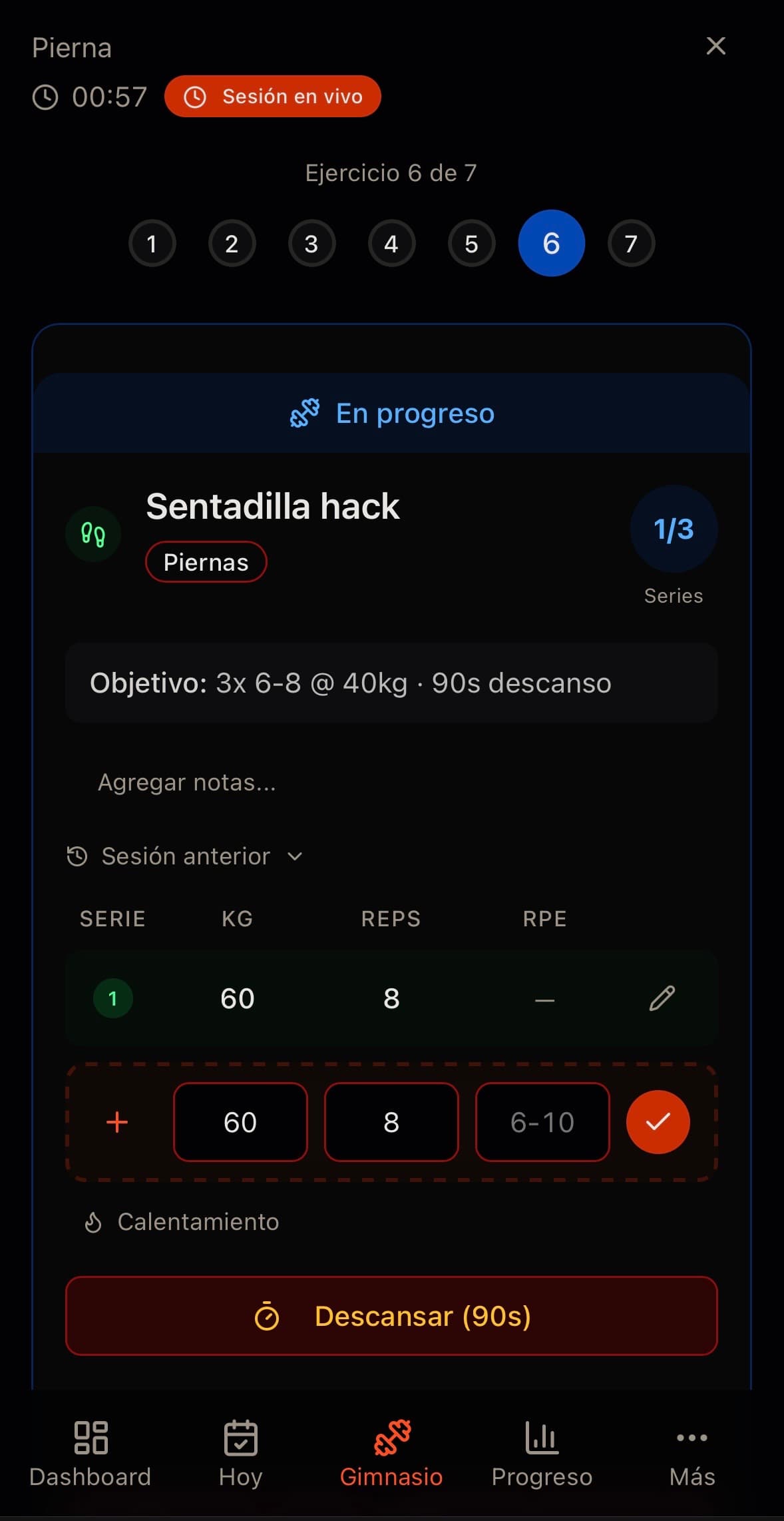 Kairo app - Sesión de entrenamiento en vivo con registro de series